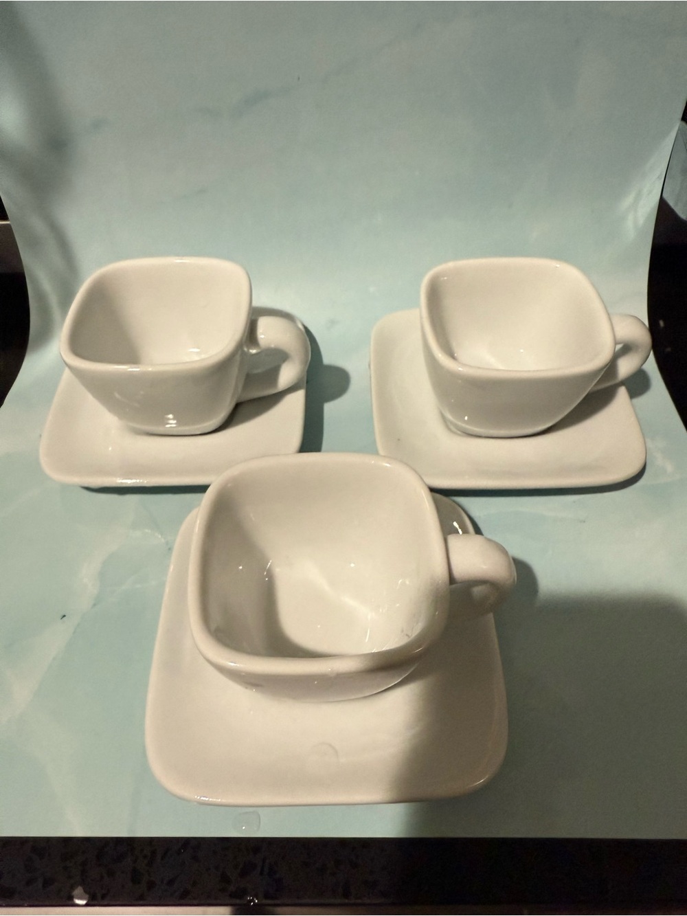 Crate & Barrel White Square Ceramic Coffee Cup and Saucer Set - 3 Piece